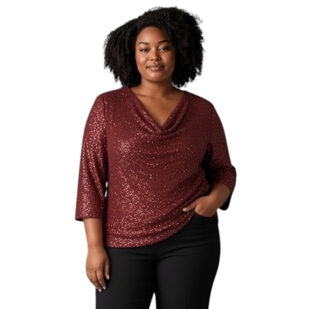 Alex Evenings Womens 3X Wine Red Sequin Cowl Neck 3/4 Sleeve Top 8496843